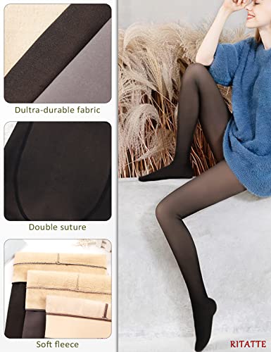 Ritatte Thick Fleece Lined Tights For Women, Fake Warm Translucent Pantyhose, Stretchy High Waist Sheer Solid Leggings. (85G, Black-Pantyhose) #TOP4