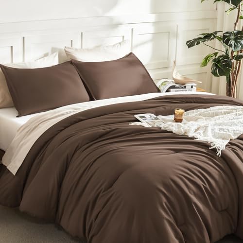 Image of Litanika Comforters Brown Oversized King Size, 3 Pieces Lightweight Solid Bedding Set & Collections, All Season Fluffy Bed Set (120x98In Comforter & 2 Pillowcases)