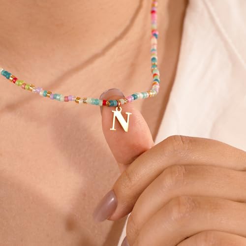 N Letter Necklace Colorful Beaded Stack Dainty Boho Choker for Women Girls — view 3