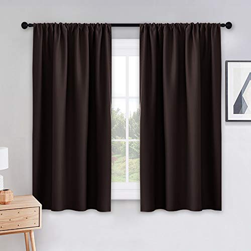 PONY DANCE Kitchen Curtain Panels - Blackout Window Drapes Room Darkening Short Curtains Home Decoration Window Coverings with Rod Pocket, W 42 x L 45 inches, Chocolate Brown, 2 PCs