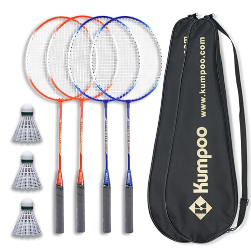 KUMPOO Badminton Rackets Set of 4 - Lightweight Badminton Racquet for Backyards, Gym, and Home - Includes 3 Nylon Shuttlecocks - Perfect Family Fun and Beginner Badminton Set