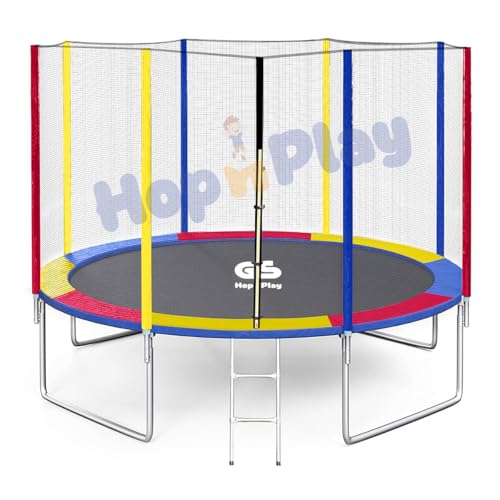 Image of Hop N Play 12FT Rainbow Trampoline for Kids & Adults | Heavy Duty, 200kg Capacity, Safety Net, Ladder, Indoor /Outdoor Fitness Bouncer for Family Fun & Exercise