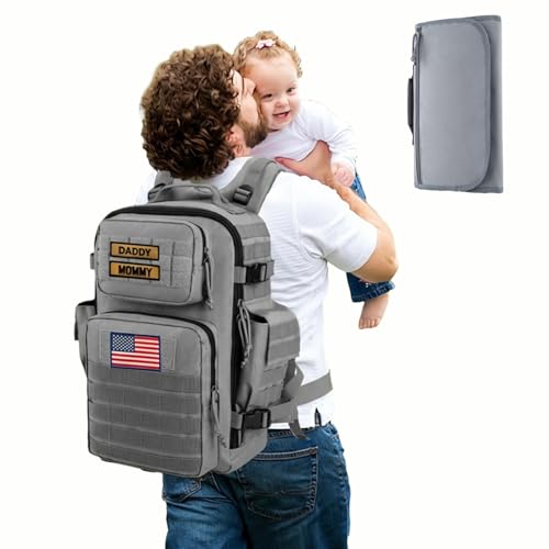 Image of SHARKMOUTH Baby Diaper Bag for Dad - Large Military Daddy Gear Backpack with Changing Pad for Travel Camping Hiking - Newborn Baby Shower Gifts Gray