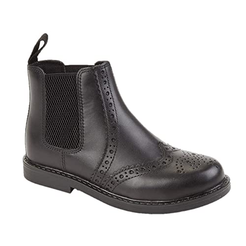 Roamers Boys Leather Ankle Boots with Perforated Design, Black, Size 5 UK