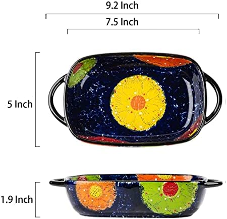 Vintage Style Pottery Bakeware Colorful Daisy Pattern Ceramic Casserole Dish Baking Pan Lasagna Pans Baking Dish with Handles from Oven to Table Plate-1 PCS, 22 OZ