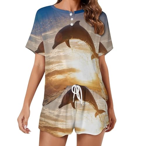 Pyjama pour femme Dauphin du Soleil Couchant en textile léger à manches courtes pour l'été