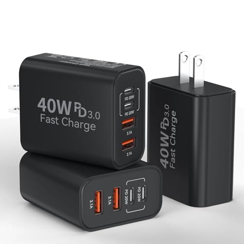 Image of USB C Wall Fast Charger Block, 40W 4-Port Type C Chargers Fast Charging Blocks PD Power Charger Adapter+QC 3.0 USB Multiport Charger Brick for Phone 17 /16 /15 /14 /13 /12 Pro Max, i-Pad, Galaxy S25-3Pack
