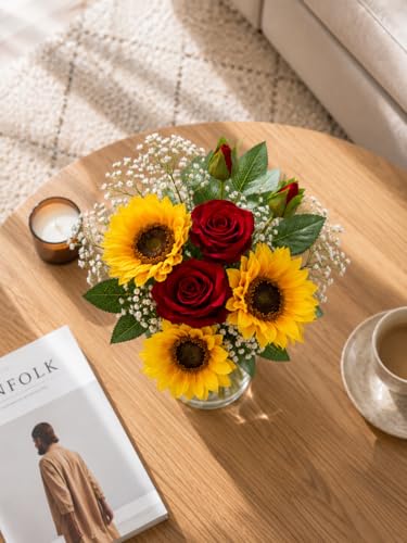 Image of Divyakosh Artificial Flowers for Home Decoration, Flora for Decor | Artificial Flowers for Vase (VASE NOT Included) Decorative Items for Living Room. Sunflower and Red Rose Bunch with Baby Breath |