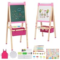 Wooden Art Easel for Kids with Paper Roll,Storage,Double Sided Height Adjustable Whiteboard & Blackboard,Children Drawing Board,Toddler Painting Set,Gifts for Girls Boys(Pink)