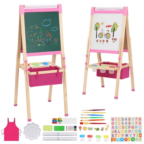 3 in 1 Lavagna per Bambini con Rotolo di Carta,Contenitore e Set da Disegno, Cavalletto Artistico Pieghevole,Lavagna Doppia Faccia,Tavolo da Disegno per Bambini Dai 3 Anni in Su Rosa