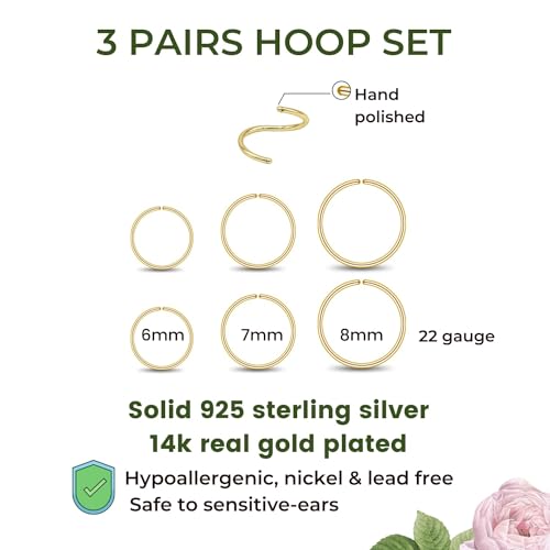 Luckyjewus 3 Pairs 14K Gold Plated Sterling Silver Small Hoop Earrings Set For Women Cartilage Nose Septum Helix Tragus Rings Multiple Piercing Jewelry thumb #1