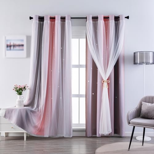 Image of indistar Cutout Blackout Window Curtains for Girls Kids Bedroom Double Layer Star Cut Out Gradient Stripe Curtains, 1 Panel (Pink /Grey W52 x L63 inch)