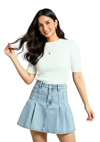 Image of Women Ribbed Knit Top | Solid Slim Fit Half Sleeve Top for Women | Stretchable Casual & Office Wear T-Shirt