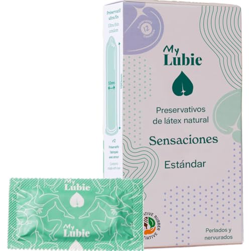 MY LUBIE - 12 Preservativos Texturizados Finos - Punteados y Estriados, Veganos, Comercio Justo y Sanos - Tamaño Estándar 54mm - Sensaciones Multiplicadas y Resistencia