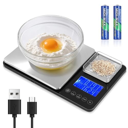 Vuxava Doppelplattform-Digitalwaage,Digitale Küchenwaage(10kg/1g & 500g/0.01g),USB-Aufladung und Batteriebetrieb, Edelstahl, Tara-Funktion, LCD-Display, 7 Gewichtseinheiten, ideal zum Backen & Kochen