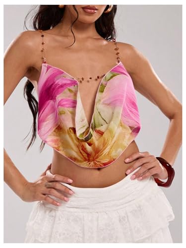 Women's Boho Floral Beaded Chain Camisole Top Backless Draped Neck Sleeveless Low Cut Crop Tops4