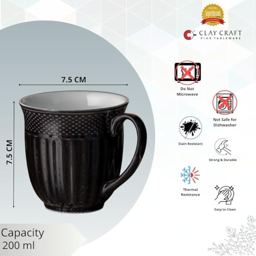Image of Clay Craft Fine Ceramic Tea Cups Set of 6| 200 Ml Elegant Textured Cups with Comfortable Handle | Ideal for Tea| Coffee| Home Use & Gifting