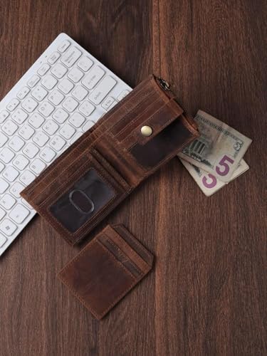 Vintage Leather Bifold Wallet for Men, Brown Distressed Leather, Slim Front Pocket Design with Snap Closure, RFID Protected2