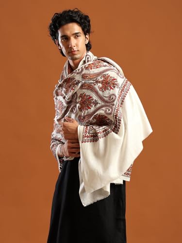 Image of tweedle Men's Pure Wool Sozni Embroidery Jama Shawl |Kashmiri Pashmina Lohi for Gents Size - 40 x 80 Inches