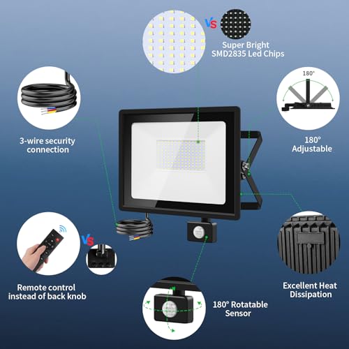 Viugreum 100W Led Motion Sensor Security Lights Outdoor Floodlight Mains Powered with Pir 10000 LM 6500K Cool White Outside Wall Flood IP66 Waterproof Spotlight Remote Control for Garage Garden - Image 6