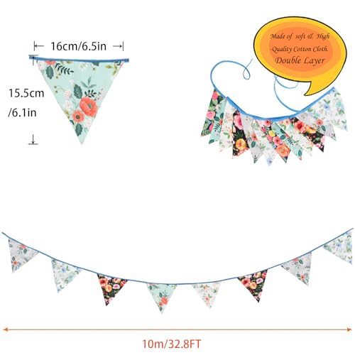 Image of Zwiebeco 32Ft Vintage Floral Fabric Bunting Triangle Flags Cotton Retro Flowers Pennant Banner Party Decorations for Birthday Wedding Engagement Baby Shower Spring Rustic Village Home Garden Decor
