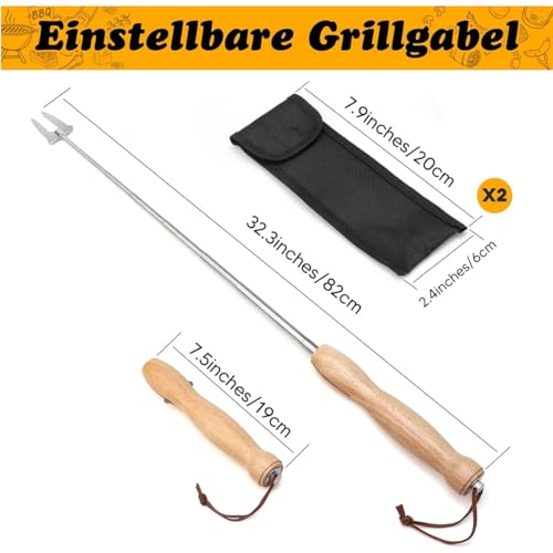 Tiardey 2 Stück Grillspieße aus Holz, Griff mit langem Lagerfeuer-Teleskop-Grillgabel, Grillzubehör, Kebab-Gabeln, für Grillen, Lagerfeuer und Camping
