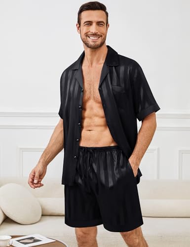 SWOMOG Mens Satin Pajamas Set Silk Pj Sets Short Sleeve Button Down 2 PCS Sleepwear with Drawstring & Pockets S-3XL4