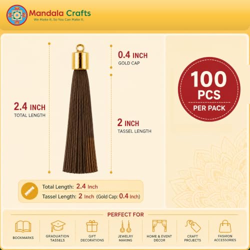 Image of Mandala Crafts Small Gold Tone Cap Brown Silky Bookmark Tassels with Loops | 100 PC, Machine Washable, Polyester, Mini, for Crafts Jewelry Making Graduation Decorations Keychains Gift Tags & Ornaments