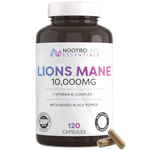 Nootro Essentials Lions Mane Capsules High Strength 10 000mg Lions Mane Supplement with Vitamin B Complex to Support Focus and Cognitive Function (60 Servings - 2 Month Supply)