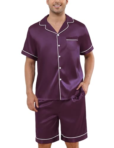 Image of Veseacky Mens Silk Satin Pajamas Set Short Sleeve Sleepwear Button-Down Pjs Sets Two-Pieces Loungewear with Pockets S-XXL