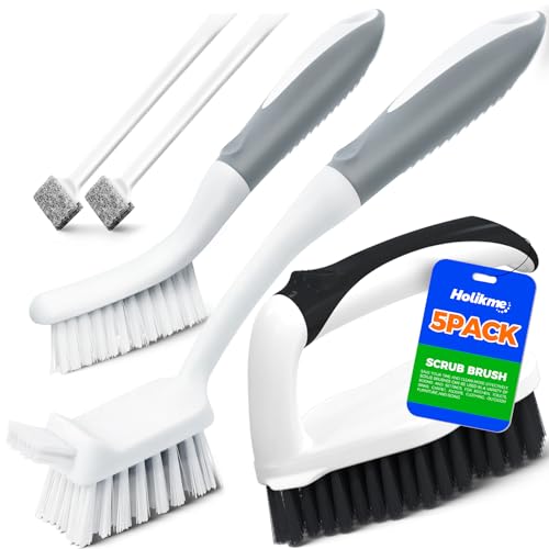 Holikme 5 pack Deep Clean Brush Set,Scrub Brush&Grout and Corner brush&Scrub pads with Sc Tip&Scouring pads,for bathroom,Floor, Tub, Shower, Tile, Bathroom and Kitchen Surface(Black)