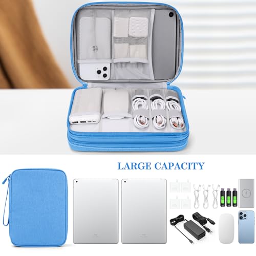 Image of FYY Electronic Organizer, Extra Large Travel Cable Organizer Bag Pouch Portable Waterproof Double Layers All-in-One Storage Bag for iPad, Cable, Power Bank, Laptop Charger for Office /Home, Cyan
