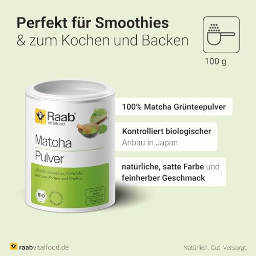 100g lichtgeschützte Dose mit EU-Bio-Siegel (102 Zeichen) - Detailansicht von Raab Vitalfood Bio Matcha Pulver aus Japan...