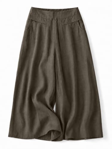 Image of Womanista Women's Relaxed Fit Pure Cotton Linen Flared Palazzo Pants for Woman | Wide Leg Casual Trouser with Pockets | Plazo pants for Women | High Waist Office & Travel Wear (Available in plus size)