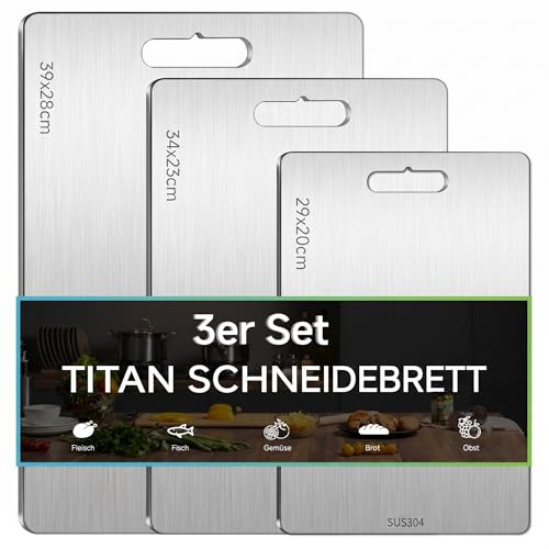 3Stück Titan Schneidebrett Edelstahl Schneidbretter BPA-frei Rostferi Lebensmittel Doppelseitig Titanium Cutting Board für Fleisch Brot Gemüse Obst Spülmaschinenfest (29x20cm 34x23cm 39x28cm)