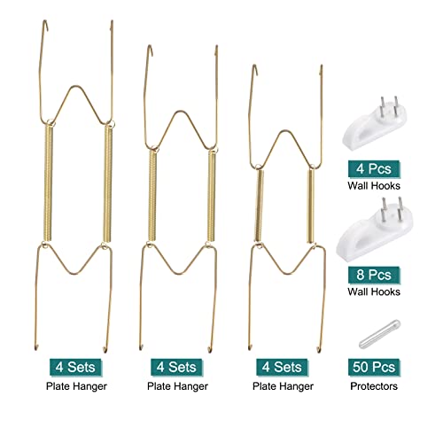 Image of uxcell 12 Pieces Plate Hanger, 8 12 14 Inch Stainless Steel Invisible Wall Plate Hangers with 12Pcs Wall Hooks and 50Pcs Protectors for Decorative Plates, Gold