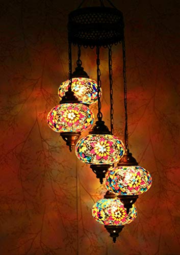 ENVA Turkish Moroccan Mosaic Glass Handmade Ceiling Hanging Light Lamp Lampshade Chandelier Multicolor 5 Large Globe