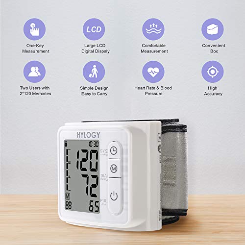 Wrist Blood Pressure Monitor, HYLOGY Blood Pressure Monitor Fully Automatic Blood Pressure and Pulse Measurement with 2 x 90 Memories, High Accuracy, LCD Display, Portable for Home use - Thumbnail 4