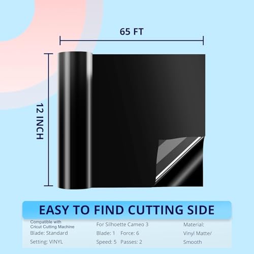 Image of HTVRONT Black Permanent Vinyl - 12 inch x65FT Matte Black Permanent Adhesive Vinyl Roll Compatible with Cricut Cutting Machine, Silhouette Cameo & Other Cutters, Party & Home Decoration, Sticker