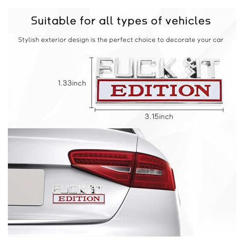 Image of Dickno 2 PCS Fuck It Edition Emblem for Car, Auto Fender Bumper Decoration Stickers, Vehicle 3D Side Fender Rear Trunk Decal Badge, Universal Exterior Accessories for Car (Silver & Red)