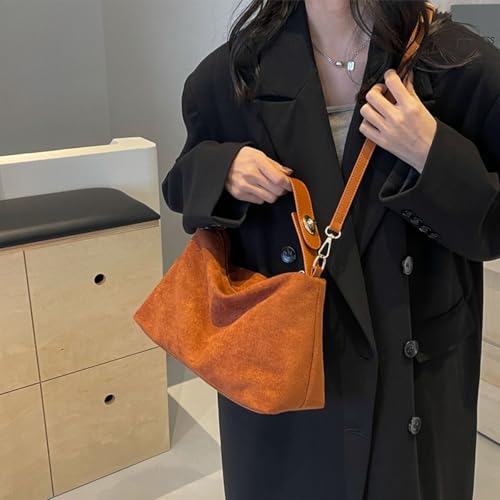 Suede Shoulder Bag, Trendy Brown Faux Suede Tote: Matte Underarm Bag for Fall-Winter, Versatile Commuter Crossbody4