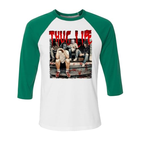TeesAndTankYou Horror Halloween Thug Life Three-Quarter Raglan Sleeve Baseball Shirt Unisex X-Small White/Kelly
