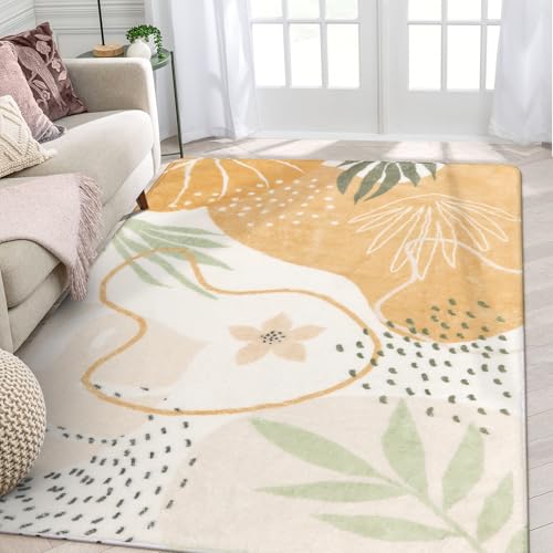 Image of Lahome Non-Slip Rug for Living Room - 4x6 Washable Lightweight Large Area Rug Boho Throw Soft Carpet for Bedroom, Taupe Botanical Print Indoor Rugs for Kids Nursery Kitchen Entryway Dining Room
