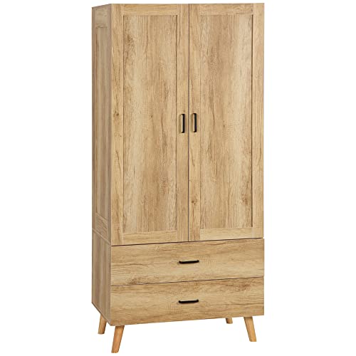 HOMCOM Armoire penderie avec 2 Portes, 2 tiroirs et et Barre de Suspension, Armoire à vêtements, Dressing, Style Moderne, 80 x 54 x 180 cm, Bois Naturel