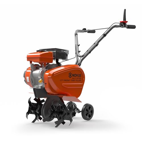 NOVUS 79cc 4-Cycle Front Tine Tiller Cultivator, 9-17inch Adjustable Tilling Width, Forged Steel Tines, Integrated Transport Wheels, 2-in-1 Gas Rototiller for Weeding, Cultivating, Digging