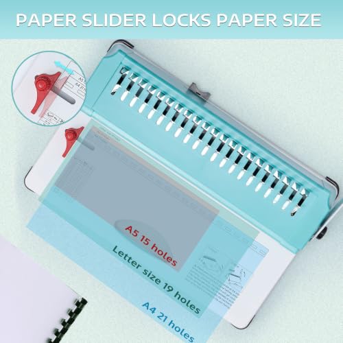 Image of OFFNOVA Binding Machine, 21-Hole 450 Sheets Paper Comb Punch Binder Machine for Letter Size / A4 / A5 Paper, Easy to Punch Handle, Adjustable Margin, Mint with White Base