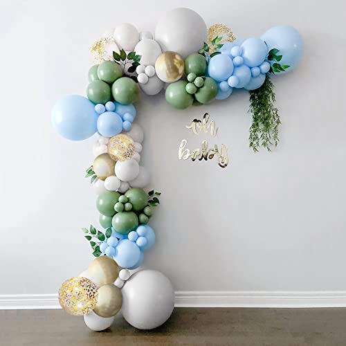 Sage Green And Blue Balloon Garland Kit With Arch Kit, 18 10 5 Inch Balloons In Matte Olive Eucalyptus, Dusty Light Blue, White, Gold Confetti, Baby Shower Birthday Wedding Bridal Party Decorations #TOP1