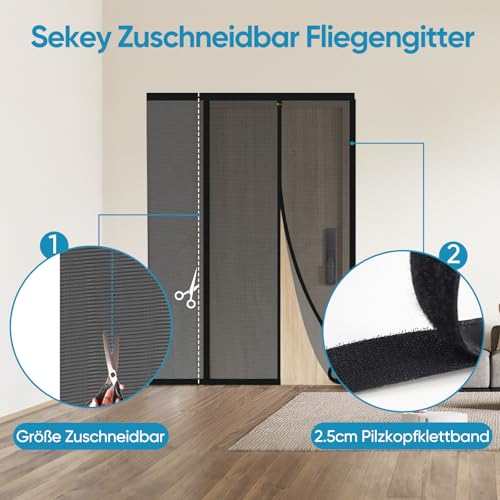 Sekey Kürzbar Fliegengitter Tür Magnet Insektenschutz Magnetvorhang, Fliegengitter Balkontür Magnet, Klebemontage ohne Bohren 150x210cm Schwarz