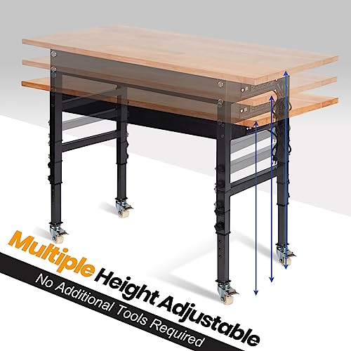 60" Adjustable Work Bench, Rubber Wood Top Heavy-Duty Workbench With Power Outlet With Wheels, 2000 Lbs Load Capacity Hardwood Worktable, For Garage, Workshop, Home, Office, Easy Assembly #TOP1
