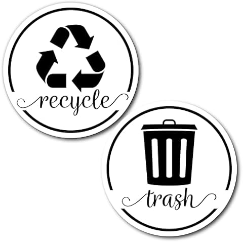 White Trash Recycle Magnets for Kitchen Trash Can and Recycle Bin, Farmhouse Garbage Can Logo Symbol Magnet, 3.5 Inch Recycle Sticker for Trash Can with 4 Adhesive Stickers, Made in USA, White 2 Pack Cover